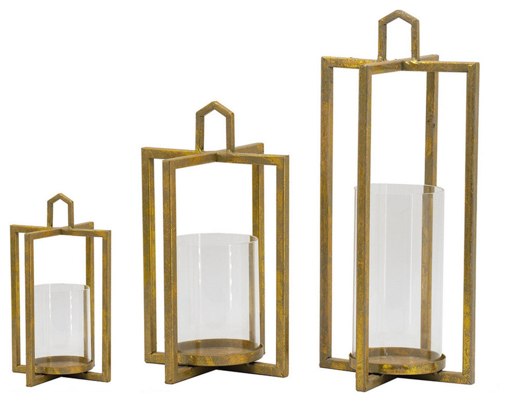 Benzara 11" Lanterns, 3-Piece Set, Tea Light Glass Holders, Modern, Gold