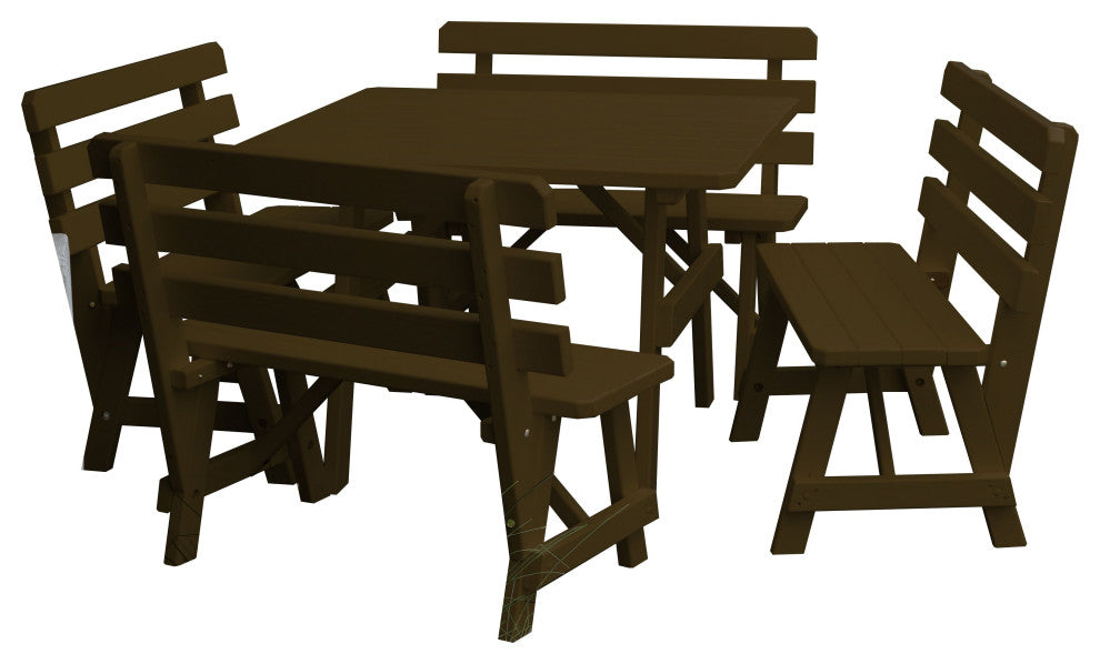 Pine 43" Square Table with Backed Benches, Coffee