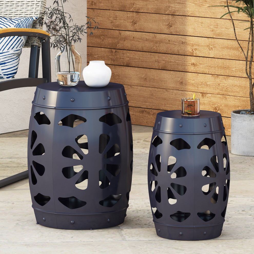 Carey Outdoor Metal Side Tables, 2-Piece Set, Navy Blue