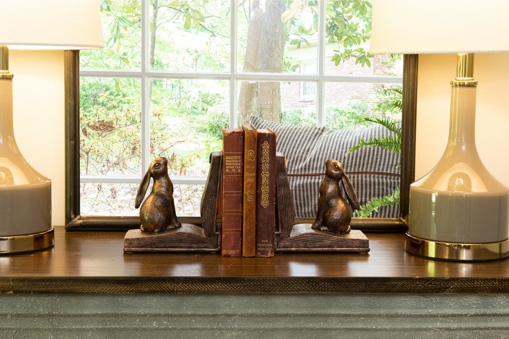 Rustic Bronze Rabbit on Book Resin Bookends, Set of 2