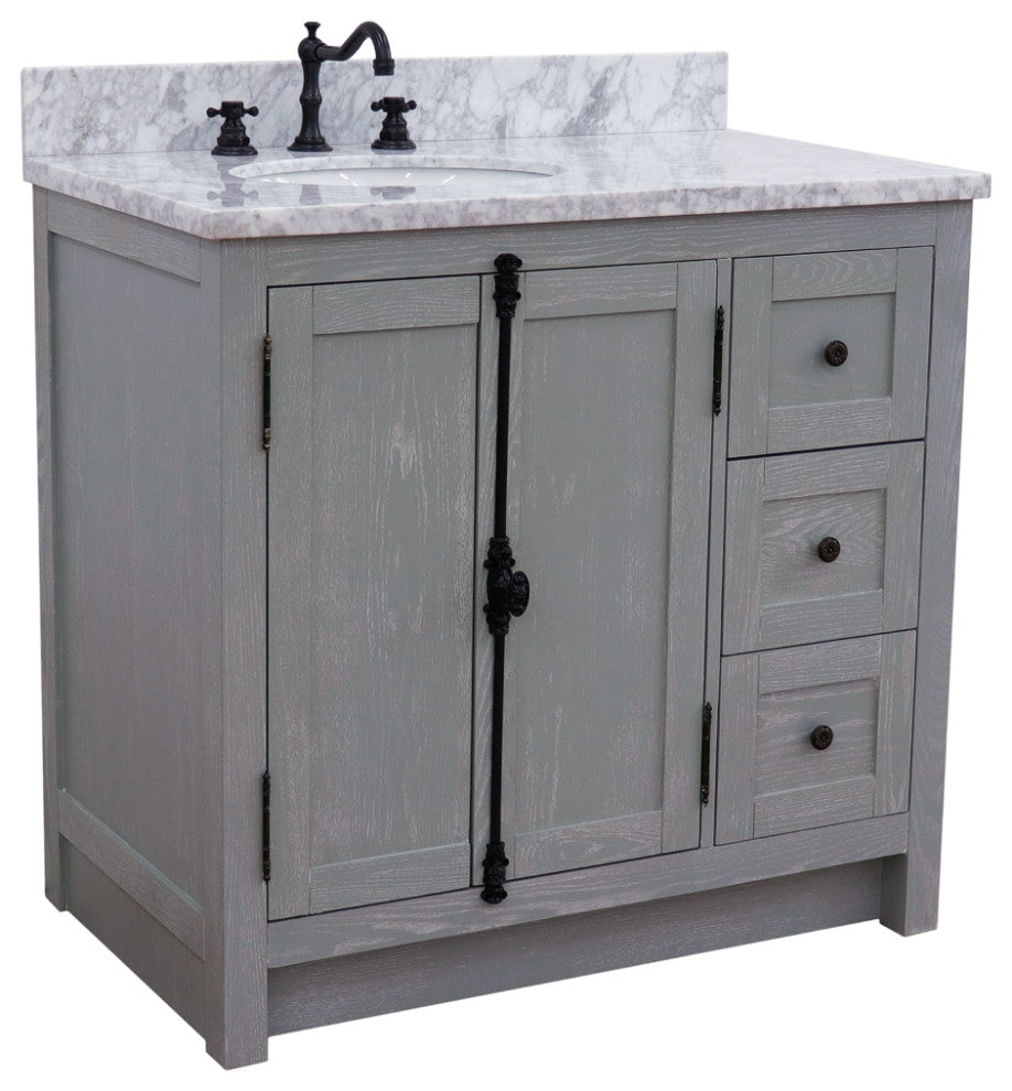 37" Single Vanity, Gray Ash With White Carrara Top, Left Doors/Left Oval Sink
