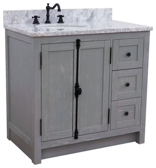 37" Single Vanity, Gray Ash With White Carrara Top, Left Doors/Left Oval Sink