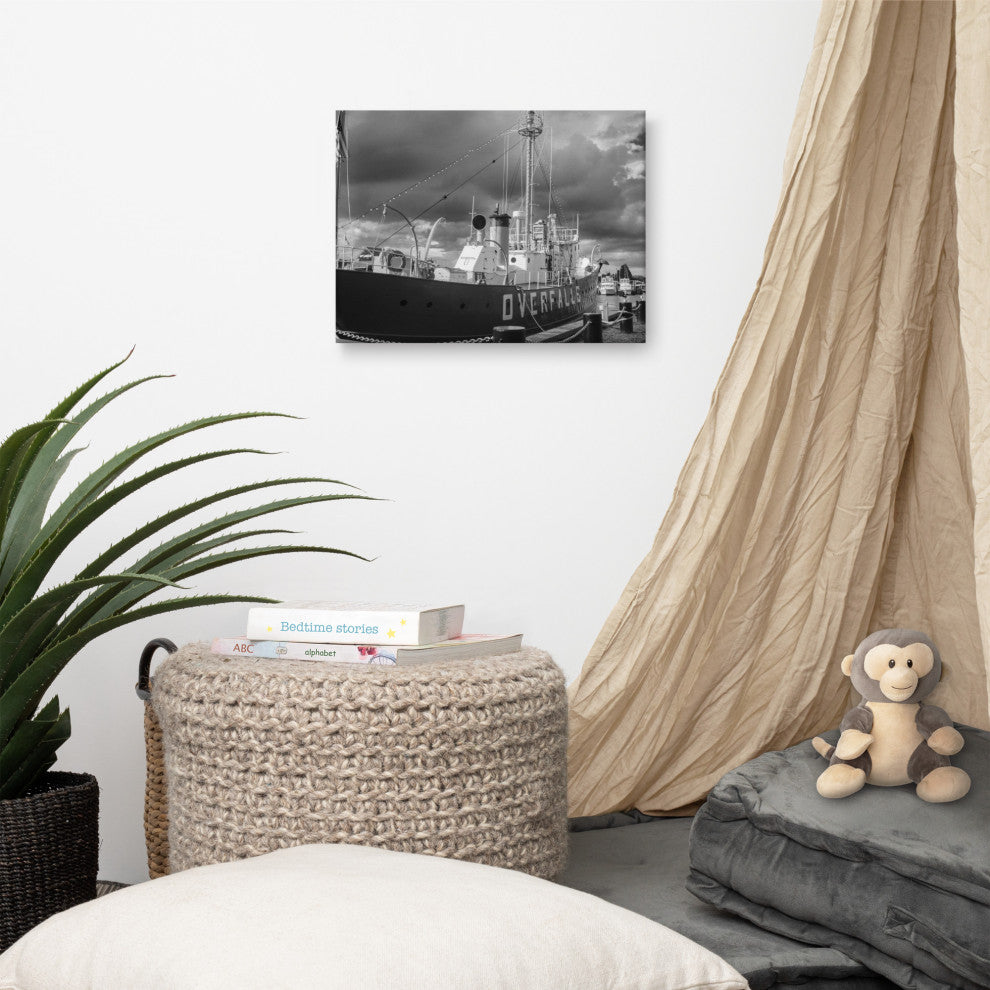 Overfalls Lightship Black & White Photo Canvas Wall Art Print, 12" X 16"