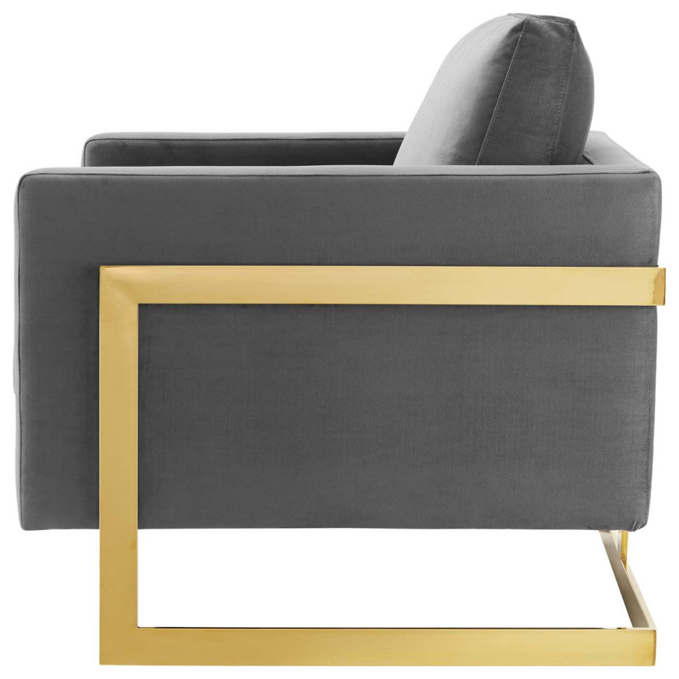 Accent Chair, Velvet, Metal, Gold Gray, Modern, Living Lounge Hospitality