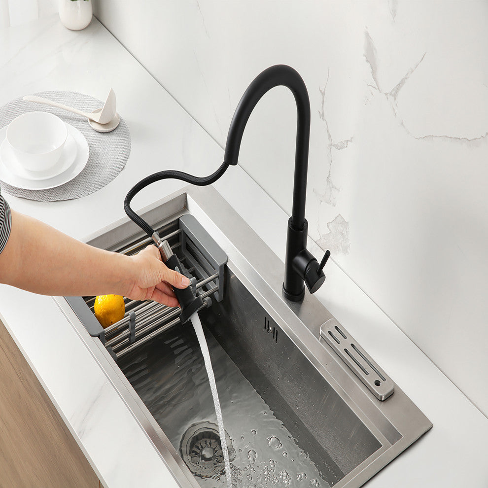 1-Handle Deck Mounted Pull Out Stainless Steel Kitchen Faucet, Matt Black