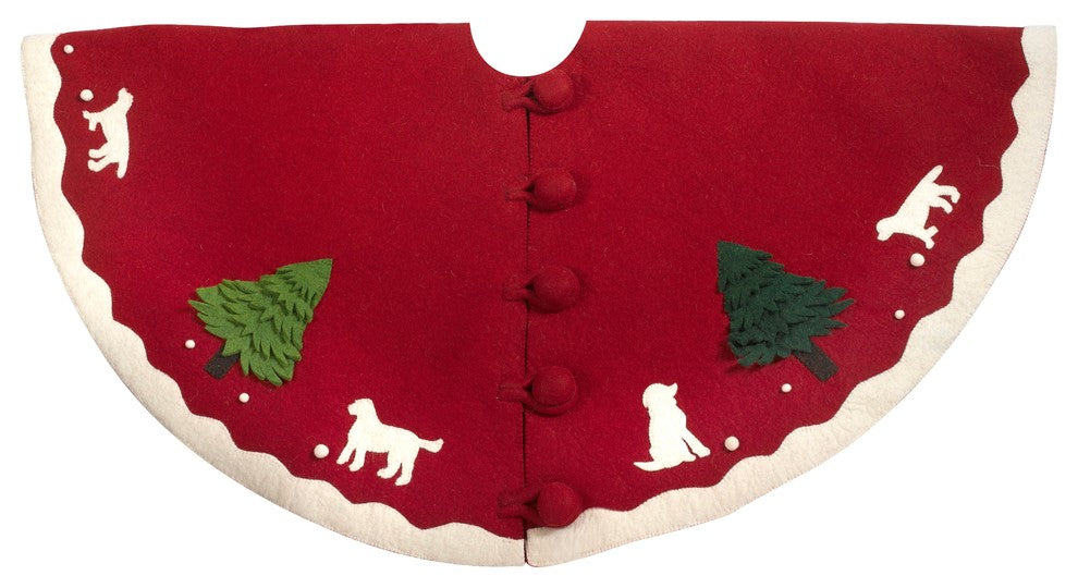 Handmade Christmas Tree Skirt in Hand Felted Wool, Dogs with Trees on Red, 60"