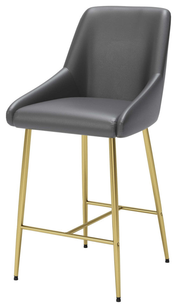 Counter Stool Chair, Faux Vinyl Leather, Steel, Gray, Gold, Cafe Bistro