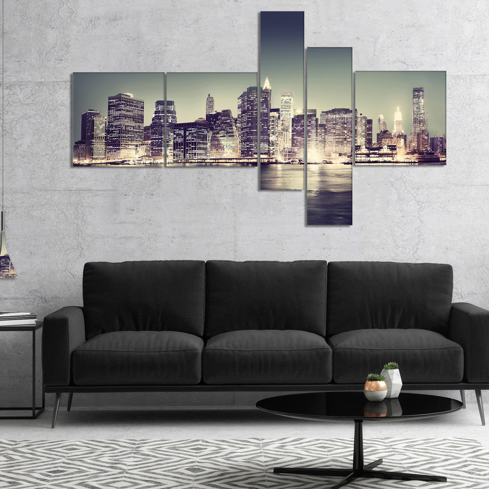 Black and White NYC Night Panorama, Extra Large Canvas Print, 60"x32", 5 panels