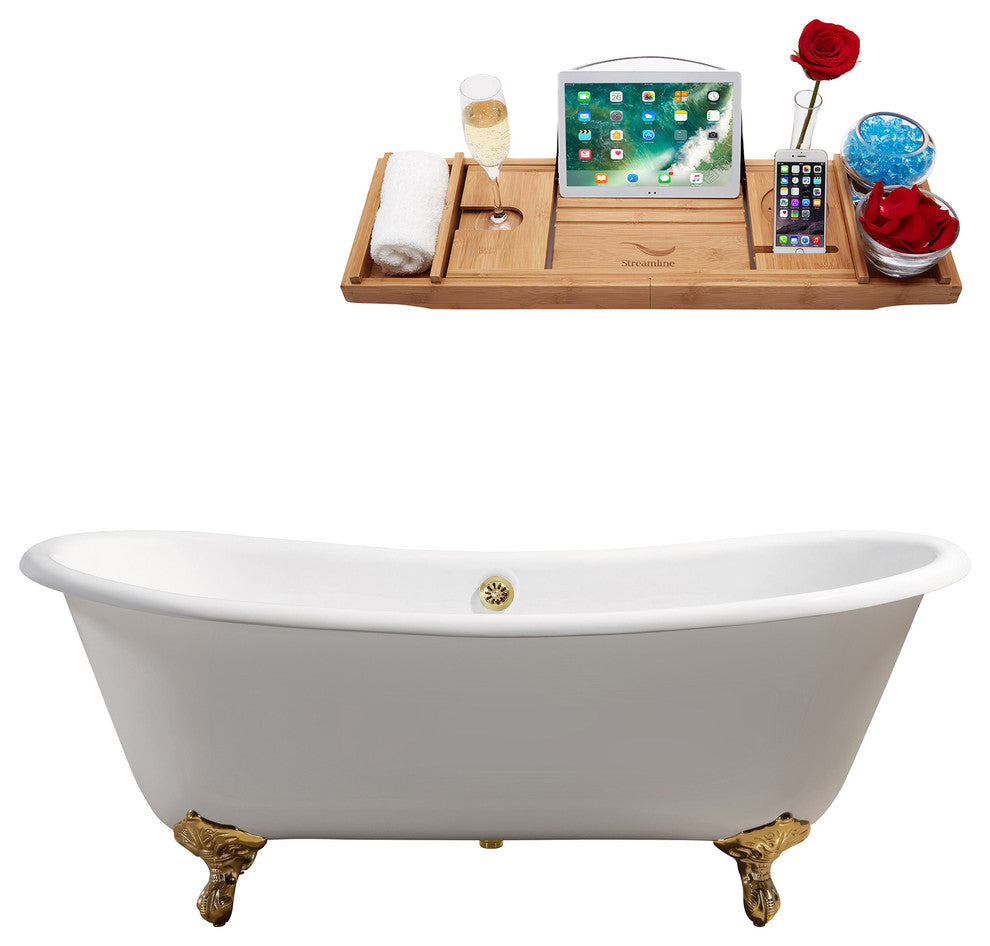 71" Cast Iron R5240GLD-GLD Soaking Clawfoot Tub and Tray With External Drain