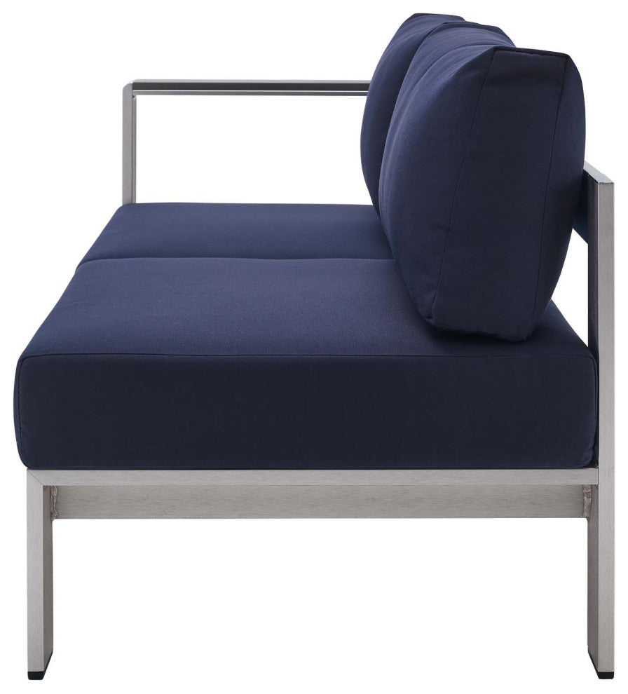 Sectional Sofa Chair Table Set, Sunbrella, Aluminum, Silver Blue Navy, Outdoor
