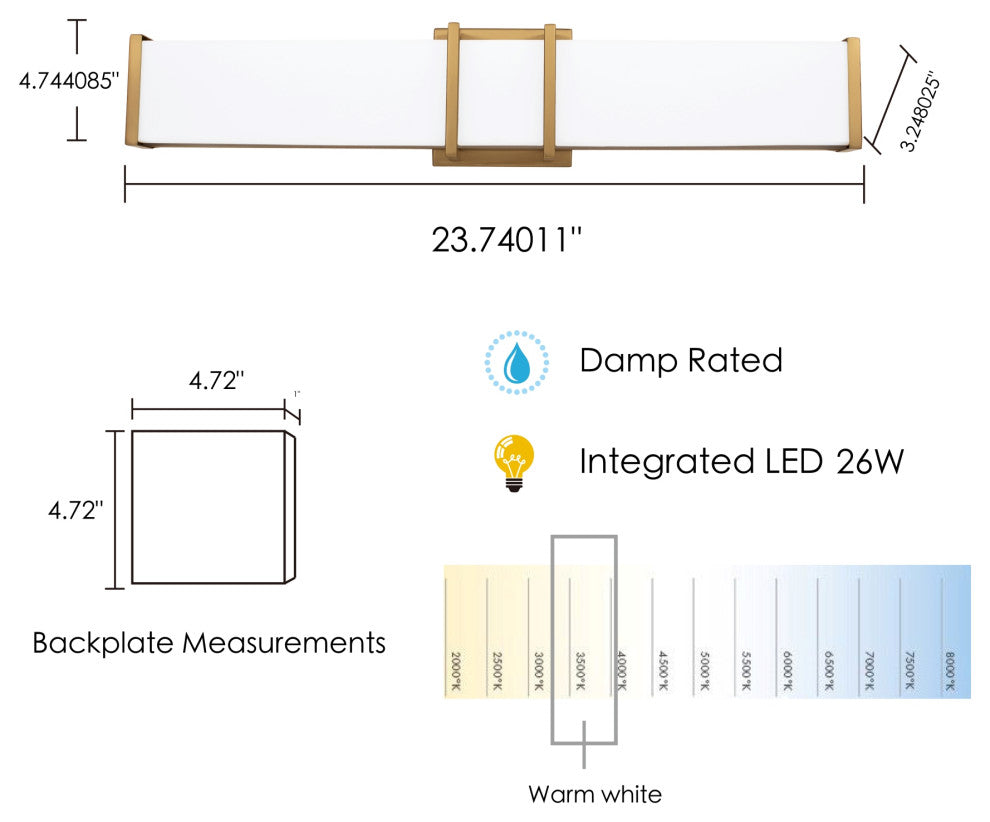 1-Light, 26W LED Vanity Light, Brushed Gold/Acrylic Shade