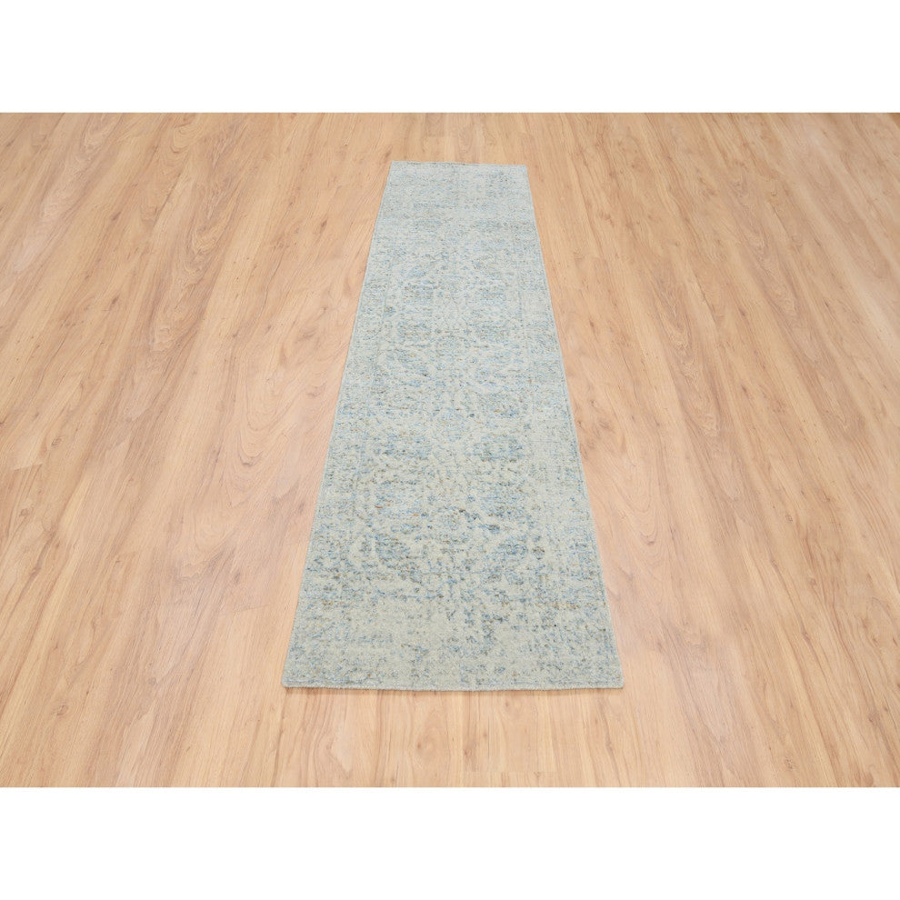 Gray, Tabriz Design, Wool and Silk Jacquard Hand Loomed Runner Rug, 2'8"x10'0"