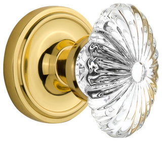 Double Classic Rosette With Oval Fluted Crystal Knob, Unlacquered Brass