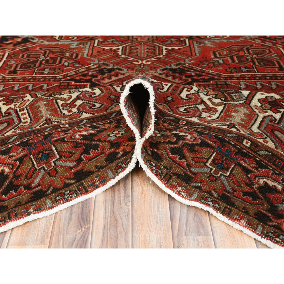 Tomato Red Hand KnottedVintage Persian Heriz Worn Down Oriental Rug 9'9"x12'4"