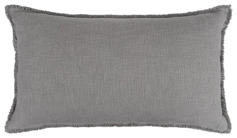 Organic Chic Washed Textured Lumbar Pillow With Frayed Edges, Shade Gray