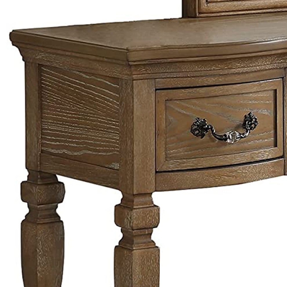 Benzara BM268887 3 Piece Vanity Set With Carved Mirror and Turned Legs, Brown