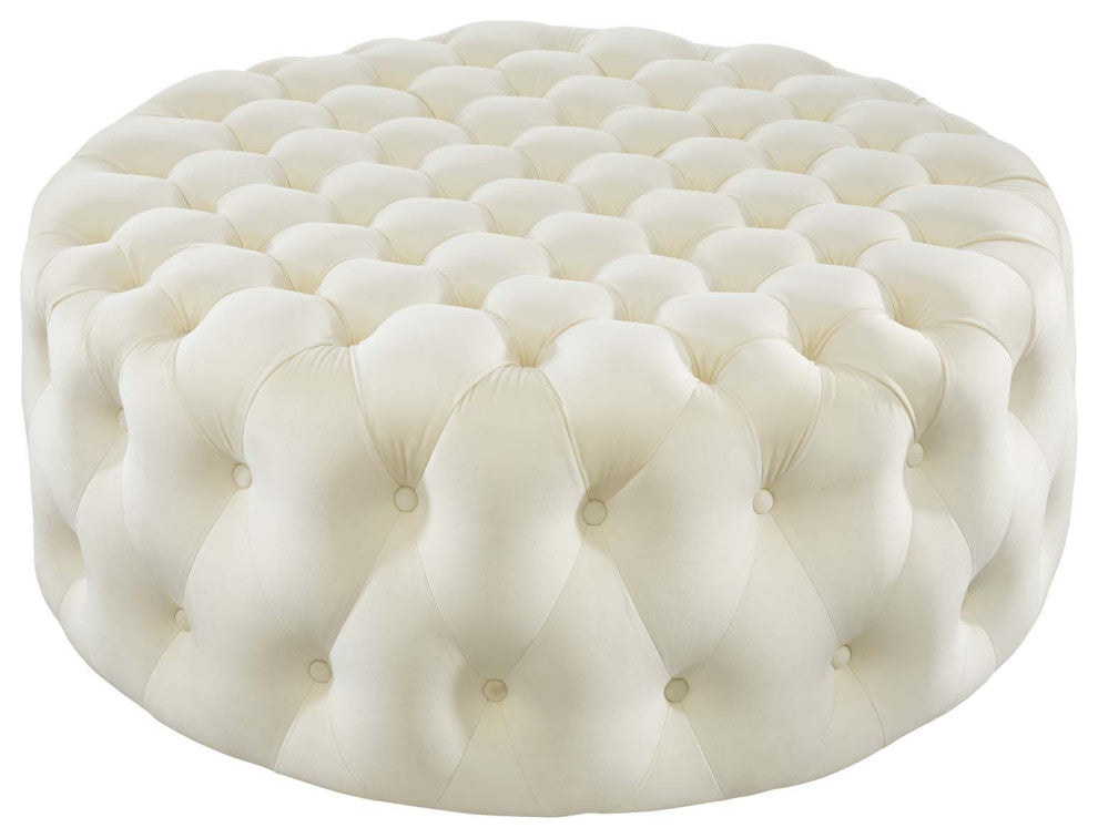 Round Ottoman Accent Tufted Chair, Ivory White, Velvet, Modern, Hospitality