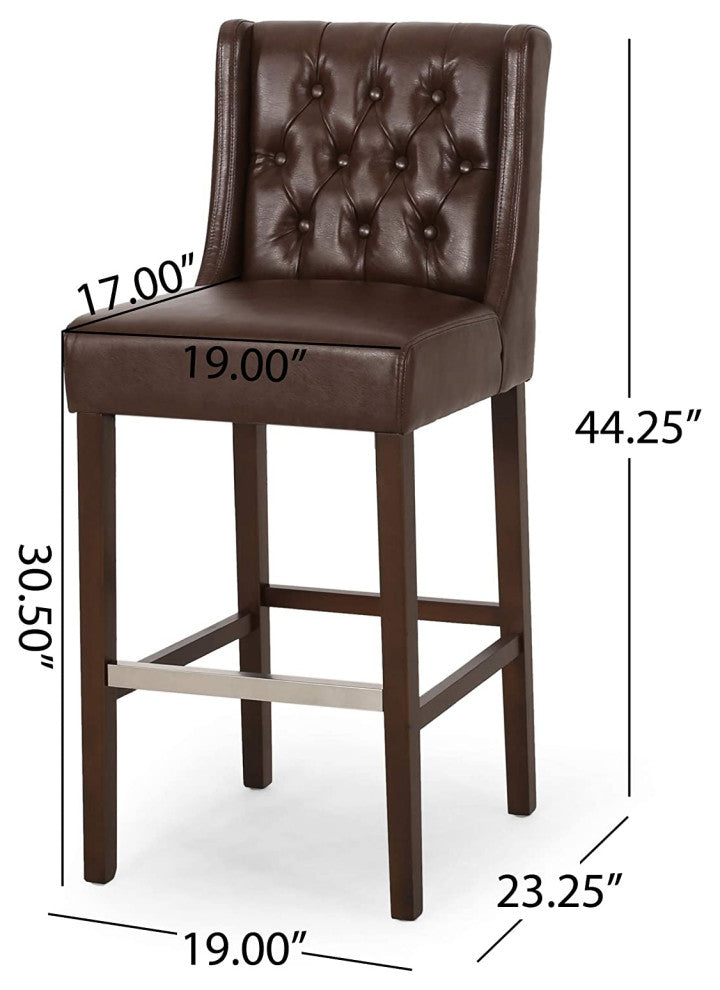 Set of 2 Contemporary Wingback Barstools with Diamond Button Tufting, Dark Brown