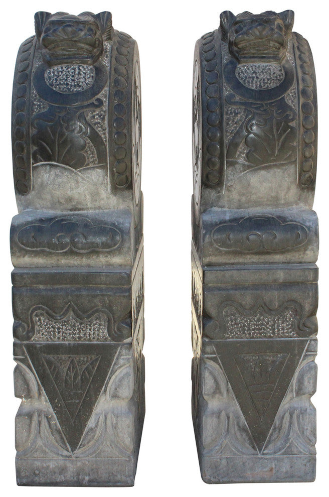 Chinese Pair Gray Black Stone Fengshui Foo Dogs Door Block Drum Statue Hcs4769