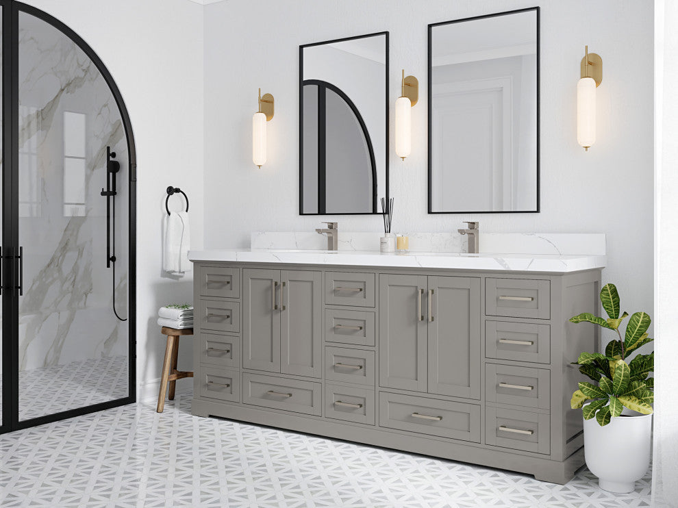 Boston 84 Double Sink Bath Vanity in Elephant Skin Gray 2" Calacatta Nuvo