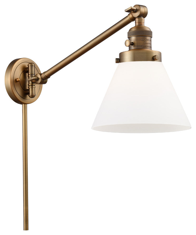 Large Cone 1-Light LED Swing Arm Light, Brushed Brass, Glass: White Cased
