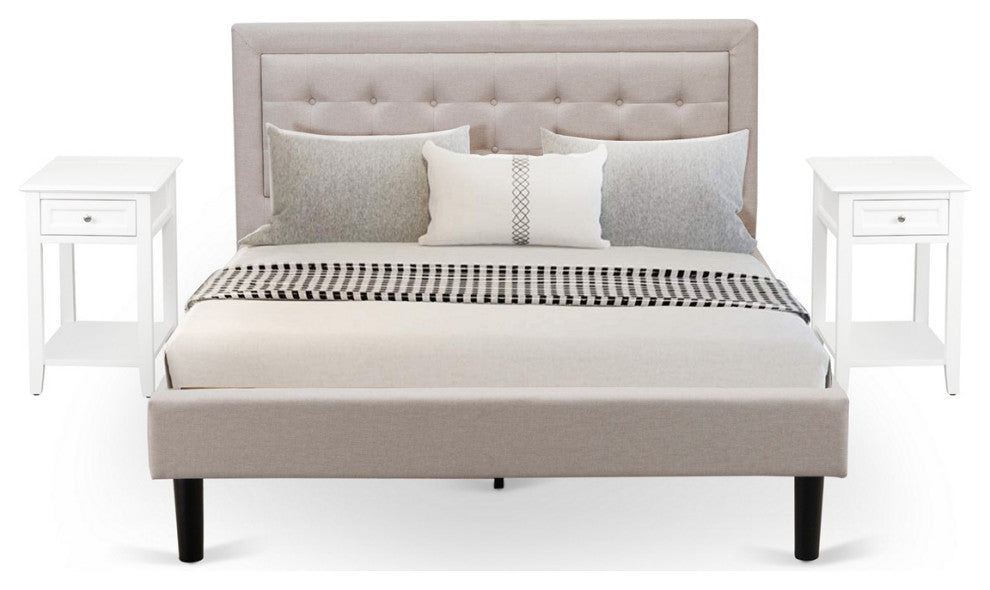 3Pc Platform Queen Bedroom Set, 1 Upholstered Bed, 2 Nightstands Mist Beige