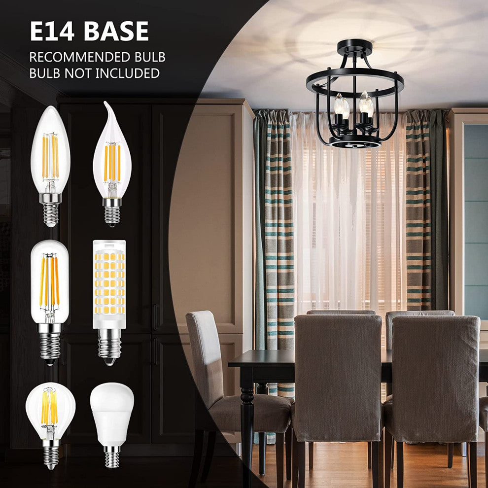 4 Light Semi Flush Mount Ceiling Lighting Fixture Farmhouse Black Cage Ceiling