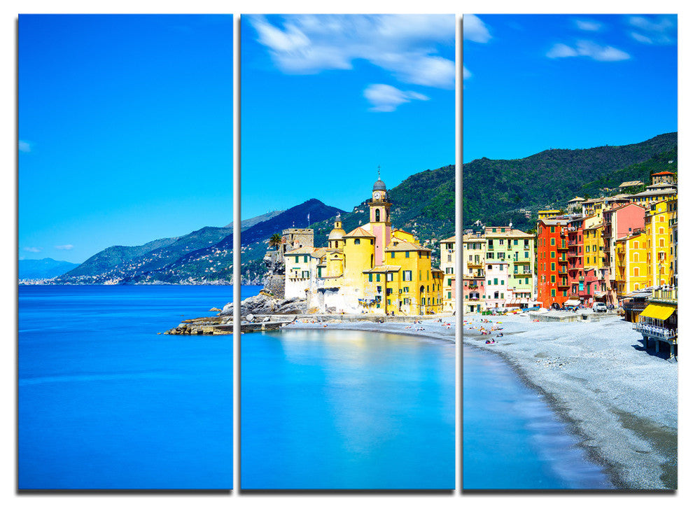 "Camogli Church on Sea and Beach View" Metal Wall Art, 3 Panels, 36"x28"