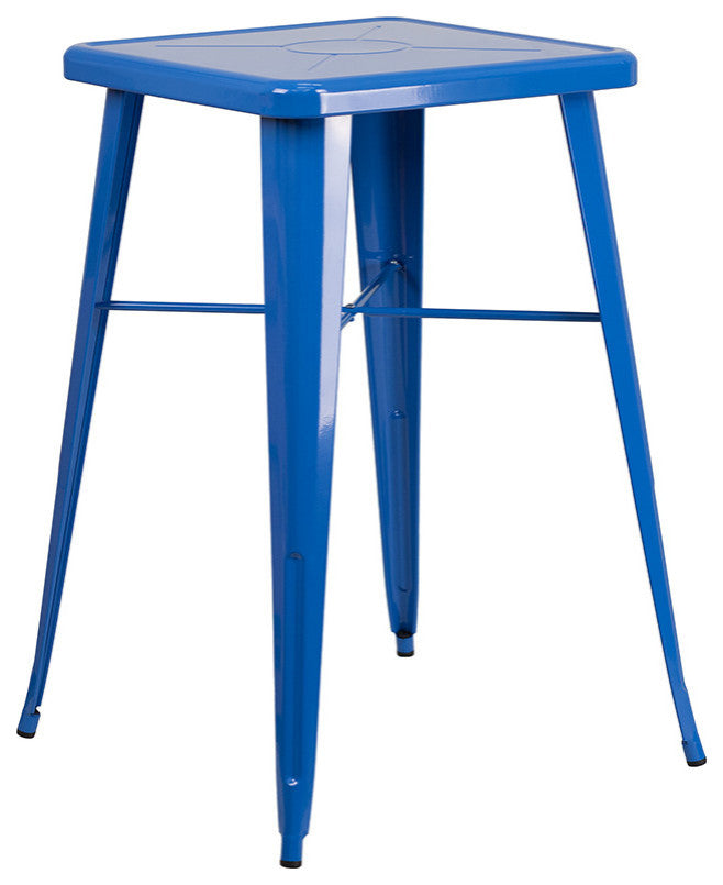23.75" Square Blue Metal Indoor-Outdoor Bar Table Set with 2 Stools with Backs