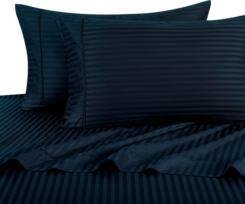 300 TC 100% Cotton Damask Stripe Sheet Set, Navy, Twin