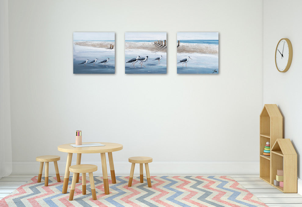 "A Clan of Seagulls" Hand Painted Canvas Art, 60"x20"