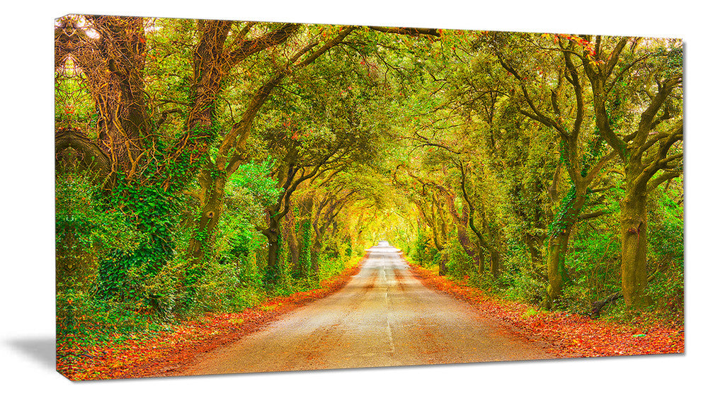 "Fall Greenery And Road Straight Ahead" Forest Wall Art, 32"x16"