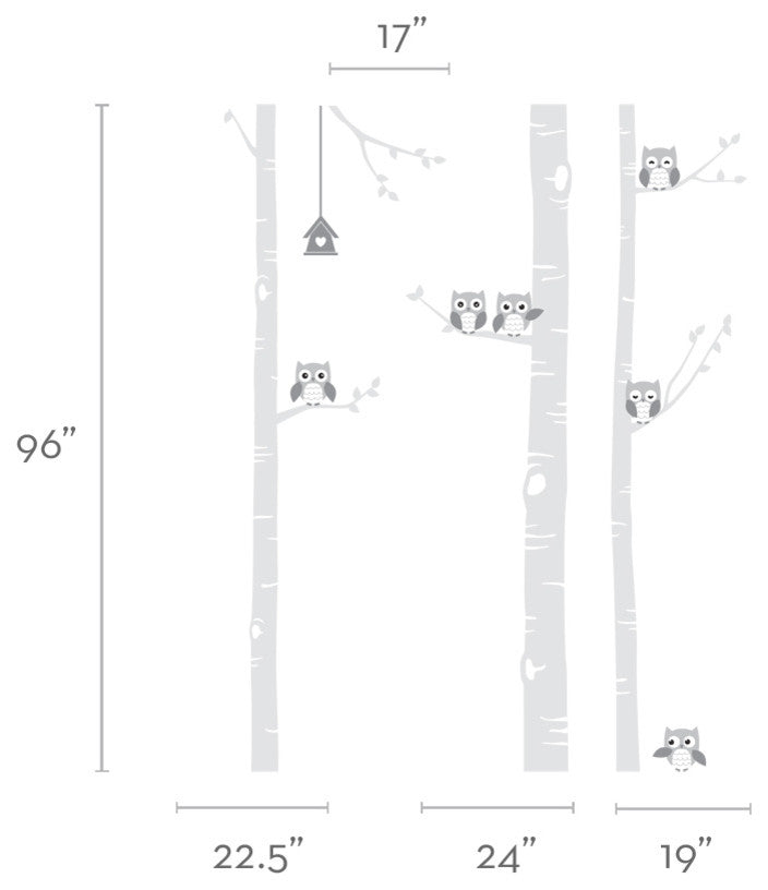 Birch Tree Wall Decal with Owls W1118, Scheme A, Standard, 96" Tall Trees