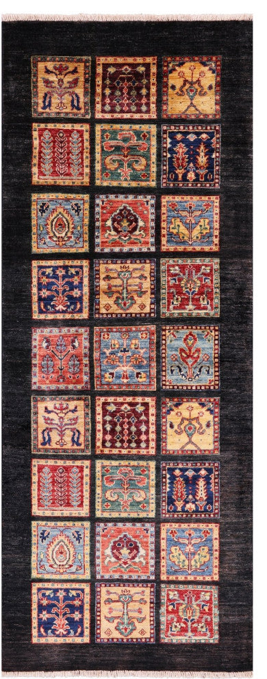 2' 6" X 6' 5" Runner Persian Garden Design Black Hand-Knotted Rug Q10687