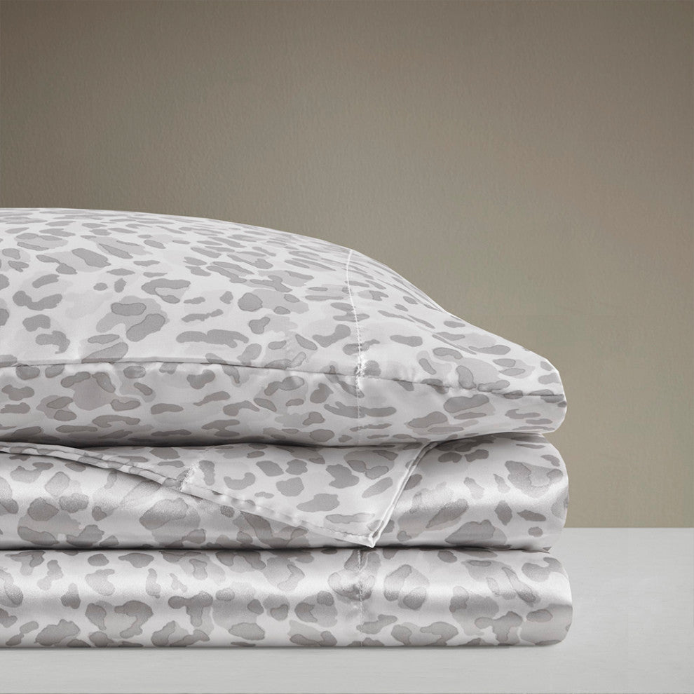 Madison Park Essentials Printed Satin Sheet Set, Full Gray Leopard