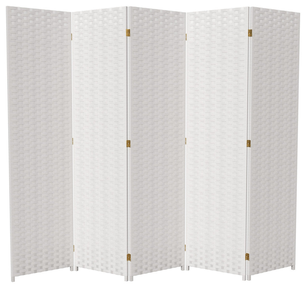 6' Tall Woven Fiber Room Divider, 5 Panel, White