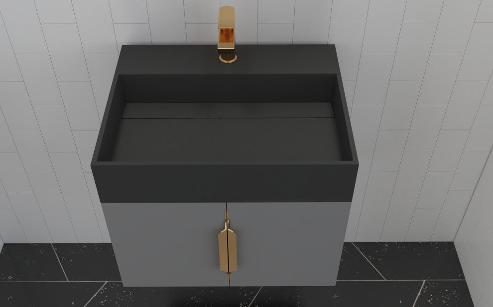 CastelloUSA Amazon 24" Wall Mounted Bathroom Vanity Set, Gray, Black Top, Gold