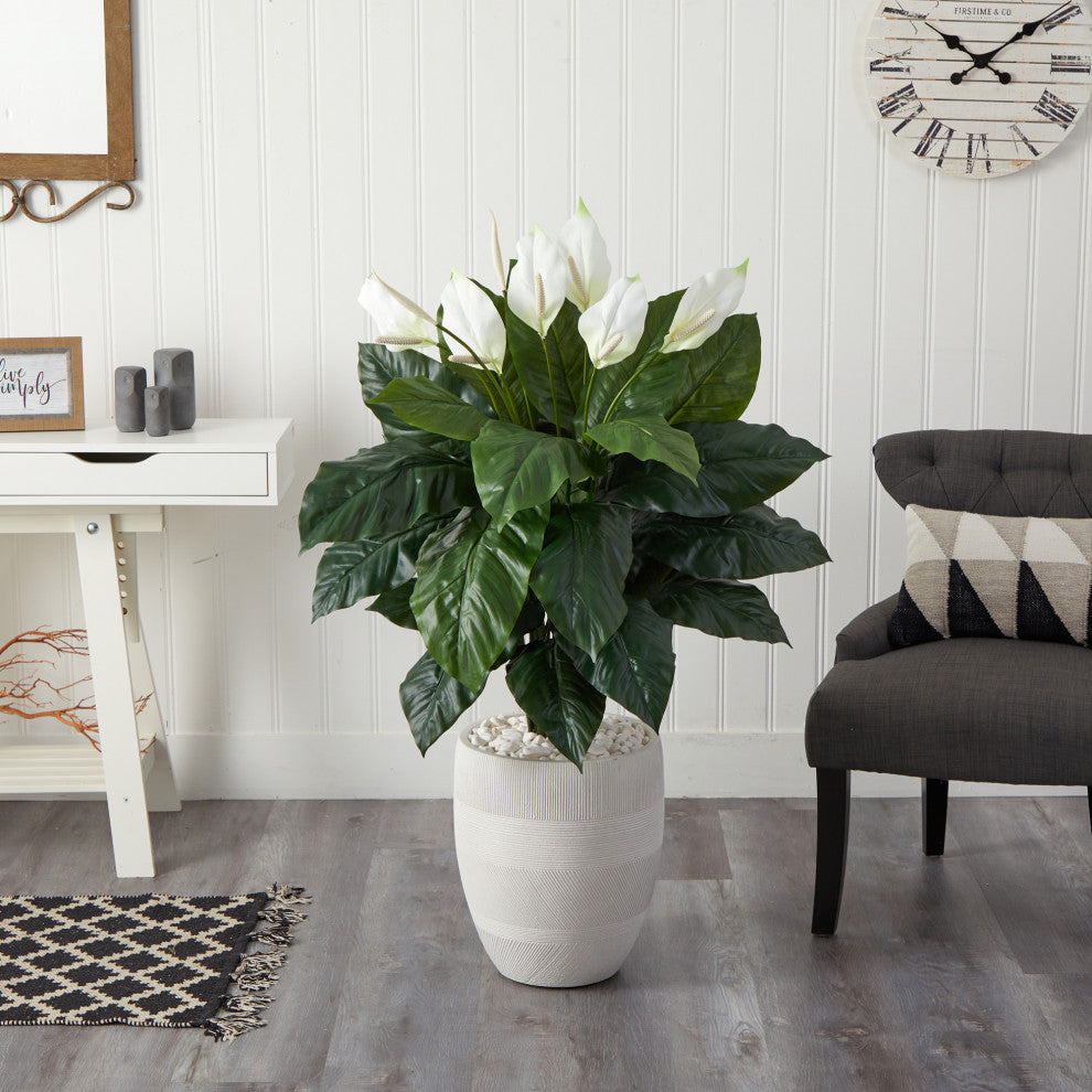 4' Spathiphyllum Artificial Plant, White Designer Planter