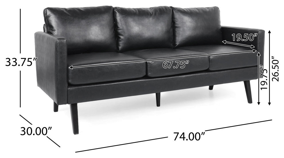 Dowd Mid Century Modern Faux Leather 3 Seater Sofa, Midnight Black/Dark Brown