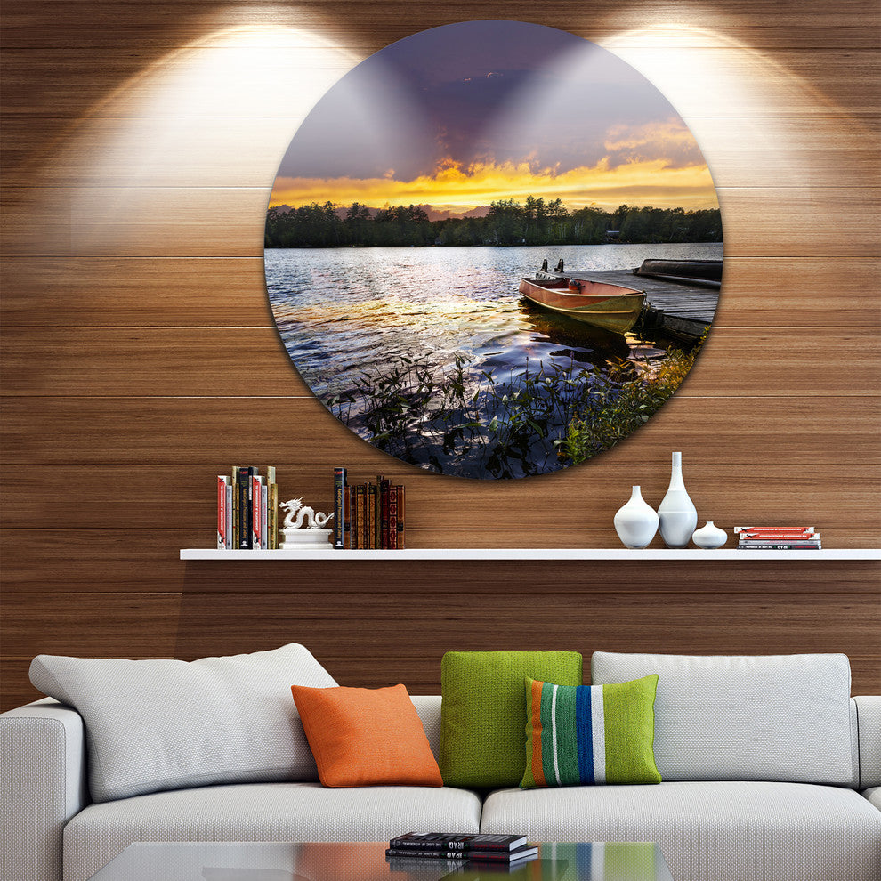 Boat Docked In Lake At Sunset, Modern Seashore Round Wall Art, 36"