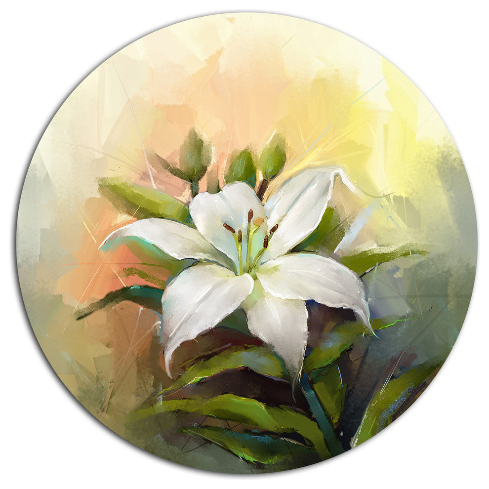 White Lily Flower Oil Painting, Floral Disc Metal Wall Art, 38"