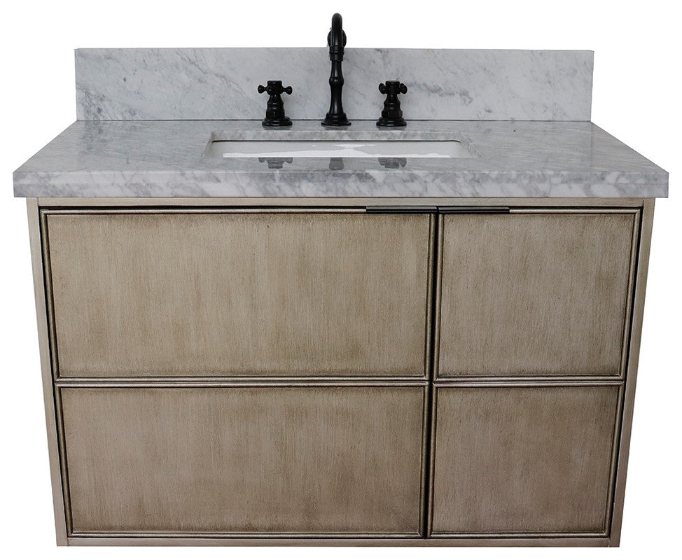 37" Single Wall Mount Vanity, Linen Brown Finish With White Carrara Top