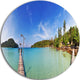 Piers And Palm Trees On Island, Landscape Photo Disc Metal Artwork, 23"