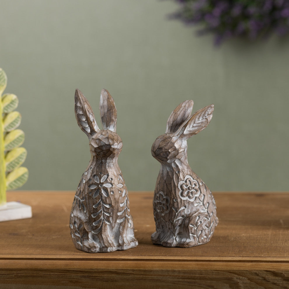Floral Carved Rabbit Figurine, 2-Piece Set