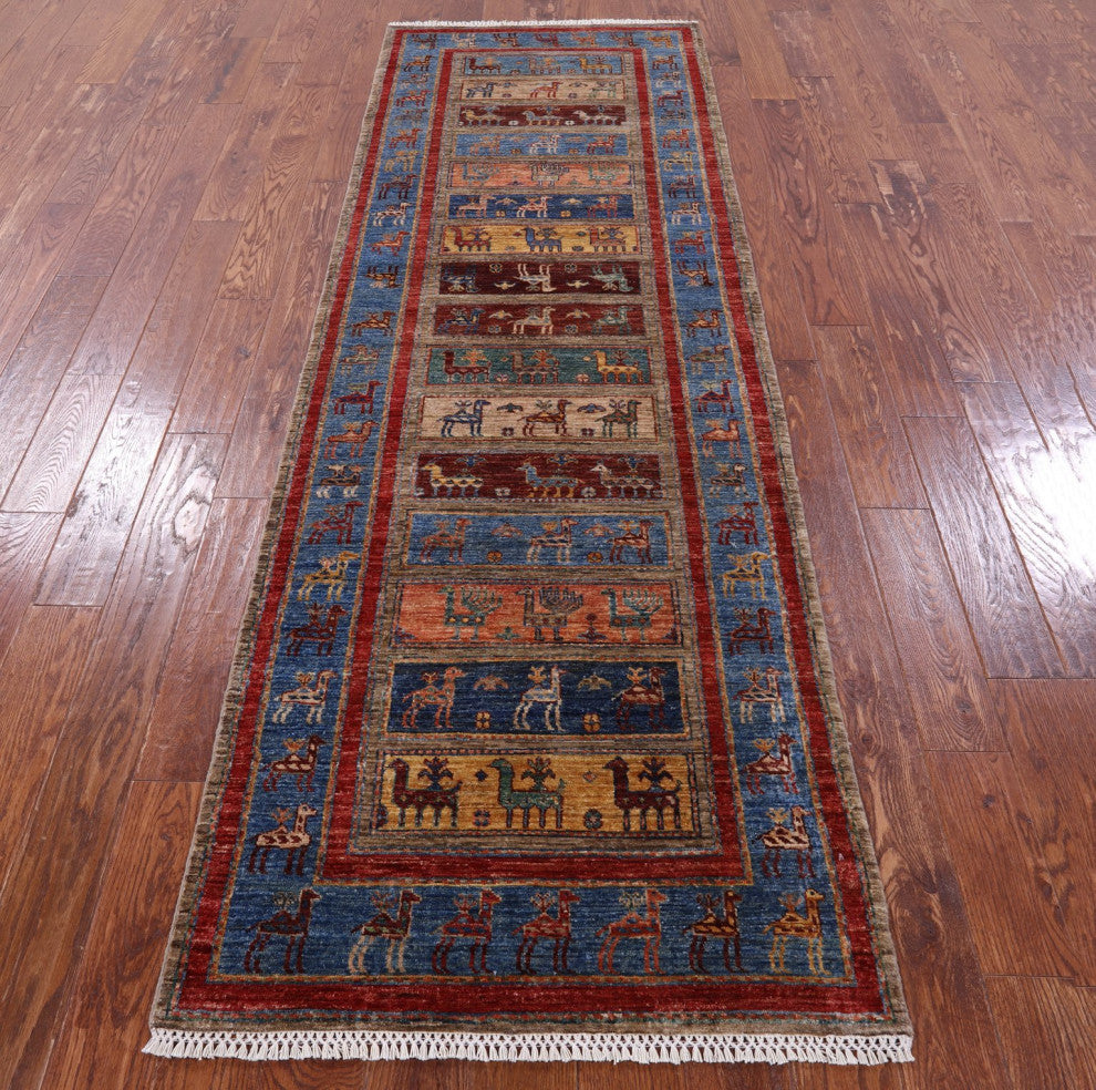 Tribal Persian Gabbeh Hand-Knotted Wool Runner Rug 3' 1" X 9' 7" Q9958