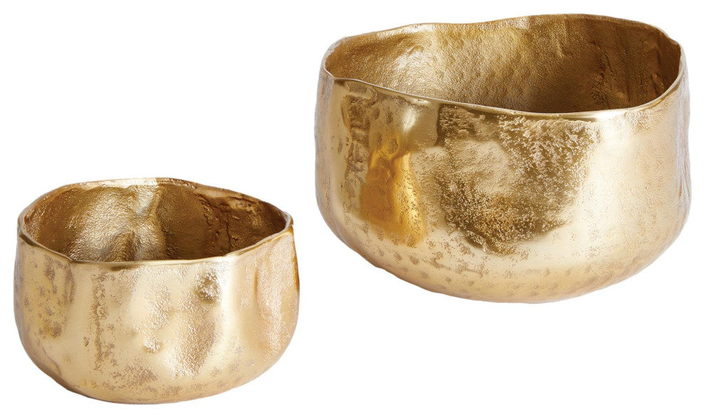 Set of 2 Elegant Free Form Textured Gold Planters Cachepots Round Organic Shape