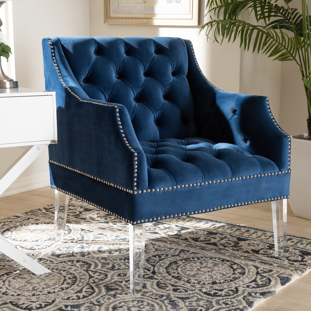 Jeana Contemporary Navy Velvet Fabric Lounge Chair With Acrylic Legs