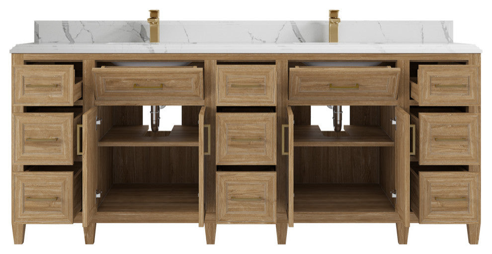 Santa Monica 84 Double Sink Bath Vanity in Whitewashed Teak 1.5" Calacatta Laza