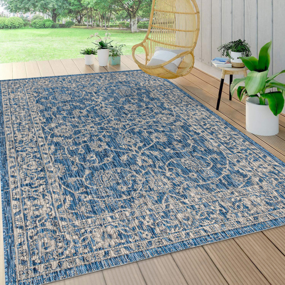 Palazzo Vine and Border Textured Weave Indoor and Outdoor Area Rug, Navy and Gra