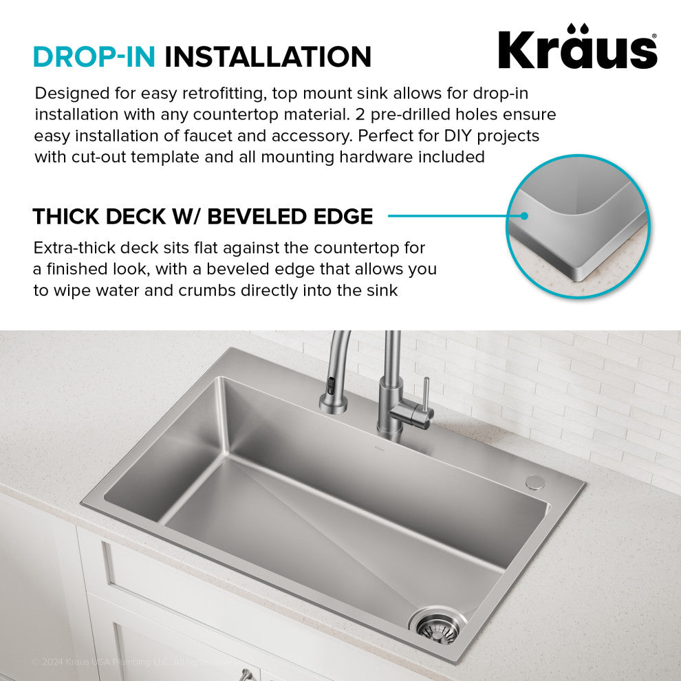 KRAUS Fairlane 33" Drop, / Top Mount 1-Bowl Stainless Steel Kitchen Sink